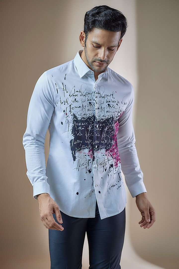 White Cotton Printed Party Wear Shirt by ASUKA at Pernia's Pop Up Shop
