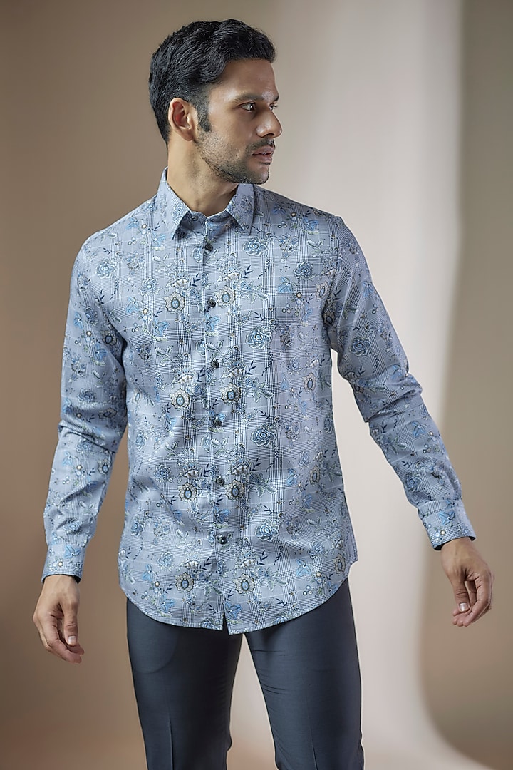 Sky Blue Cotton Printed Party Wear Shirt by ASUKA at Pernia's Pop Up Shop