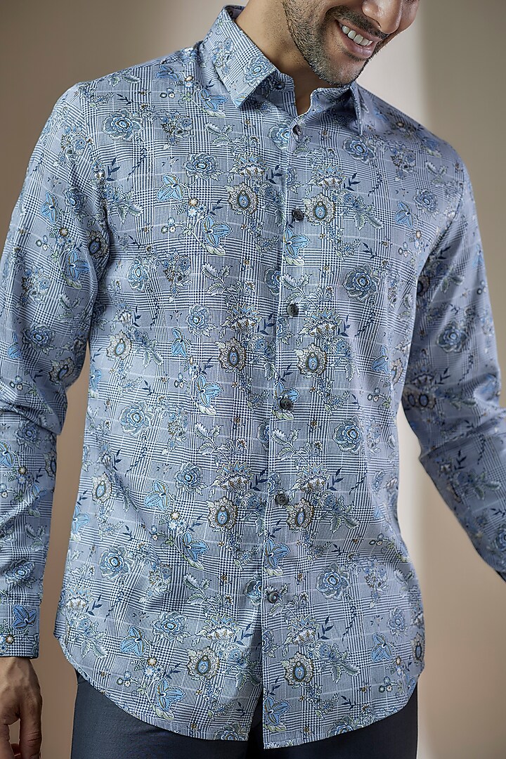 Sky Blue Cotton Printed Party Wear Shirt by ASUKA at Pernia's Pop Up Shop