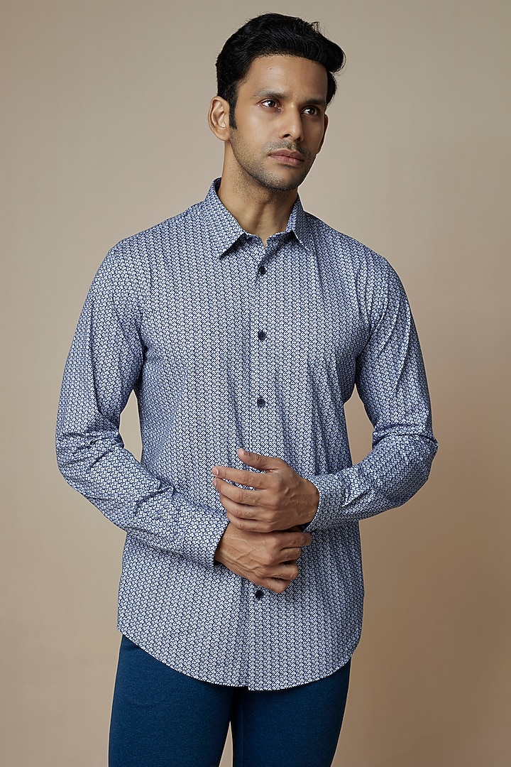 Blue Knit Printed Summer Shirt by ASUKA at Pernia's Pop Up Shop