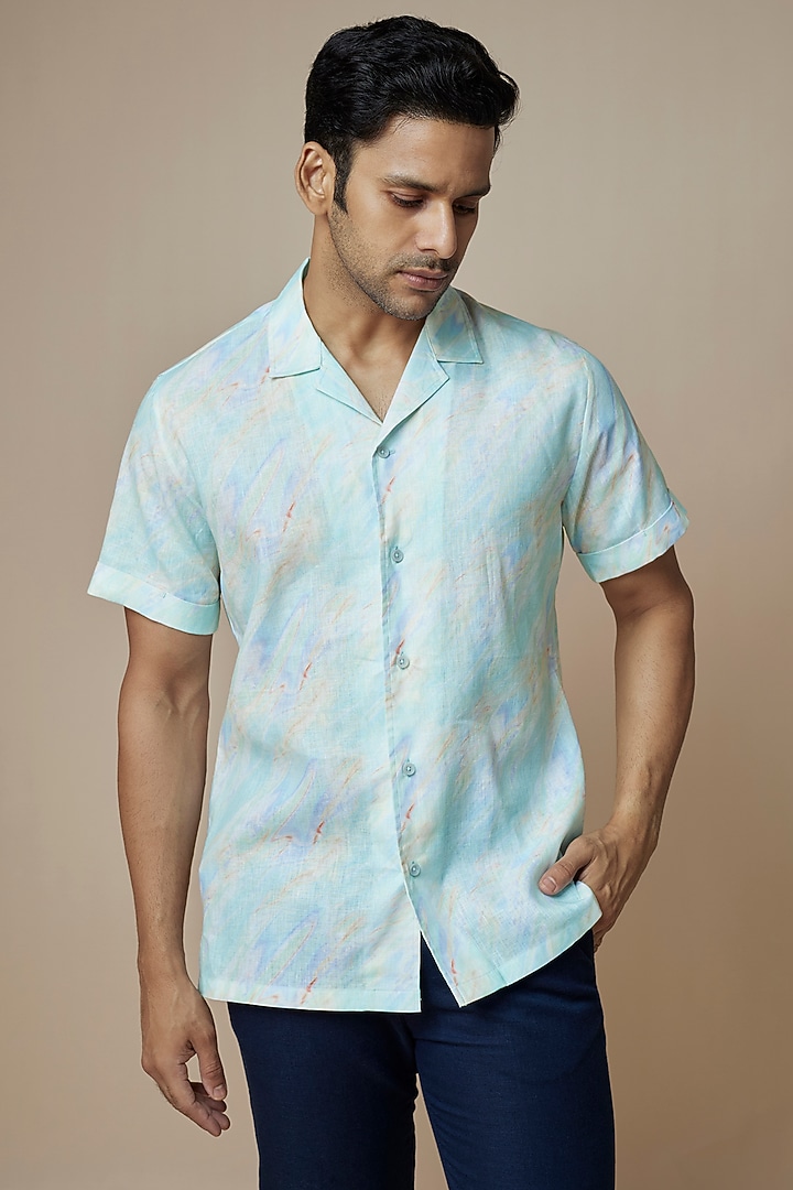Sky Blue Linen Printed Party Wear Shirt by ASUKA at Pernia's Pop Up Shop