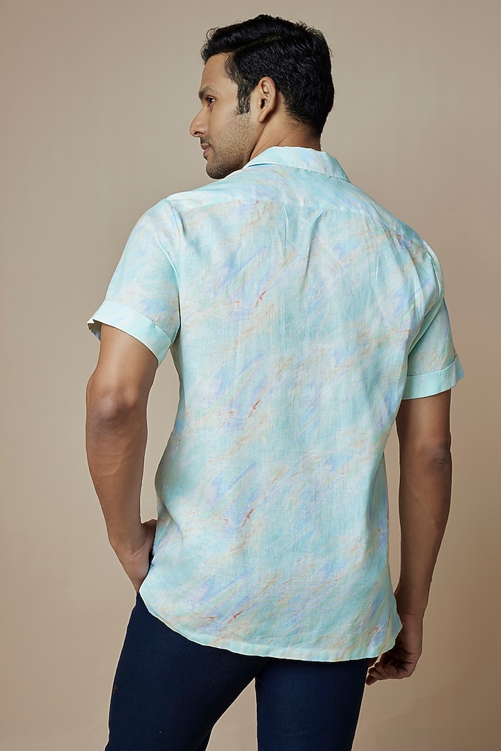 Sky Blue Linen Printed Party Wear Shirt by ASUKA at Pernia's Pop Up Shop