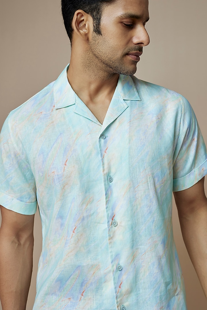 Sky Blue Linen Printed Party Wear Shirt by ASUKA at Pernia's Pop Up Shop
