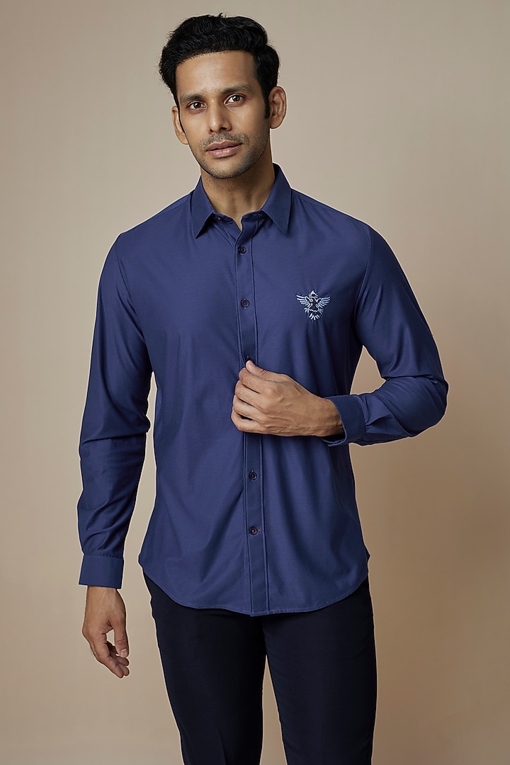 Navy Blue Knit Embroidered Party Wear Shirt by ASUKA at Pernia's Pop Up Shop