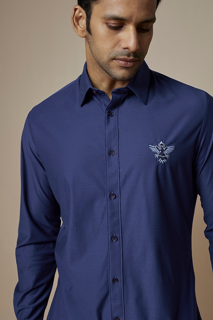 Navy Blue Knit Embroidered Party Wear Shirt by ASUKA at Pernia's Pop Up Shop