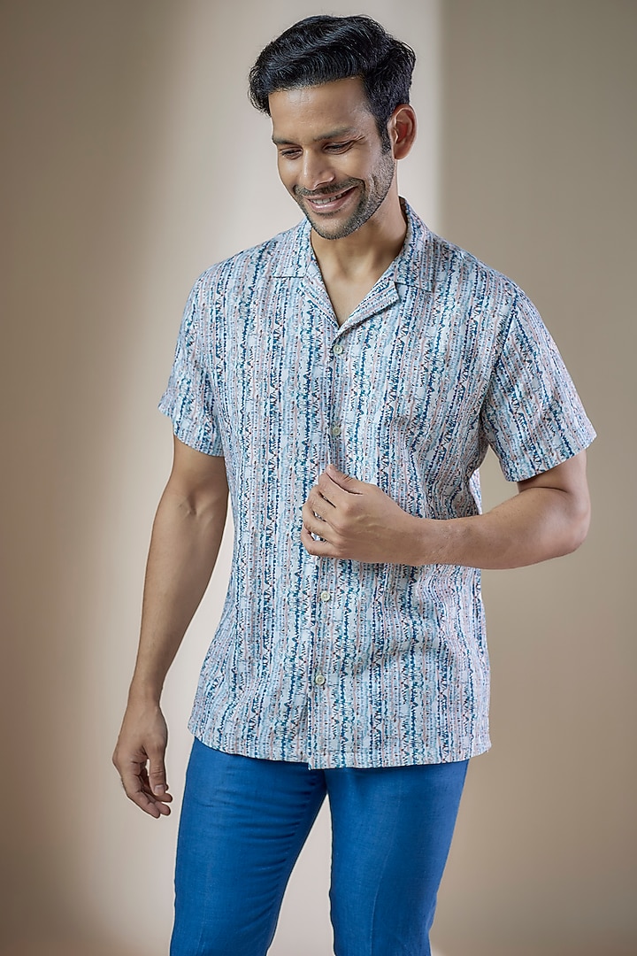 Blue Pure Linen Summer Shirt by ASUKA at Pernia's Pop Up Shop