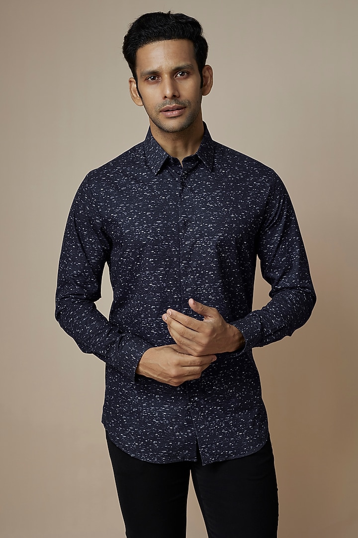 Navy Blue Cotton Printed Party Wear Shirt by ASUKA at Pernia's Pop Up Shop