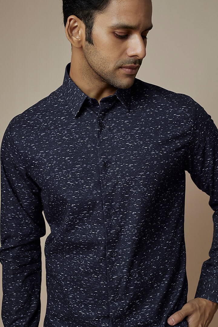 Navy Blue Cotton Printed Party Wear Shirt by ASUKA at Pernia's Pop Up Shop