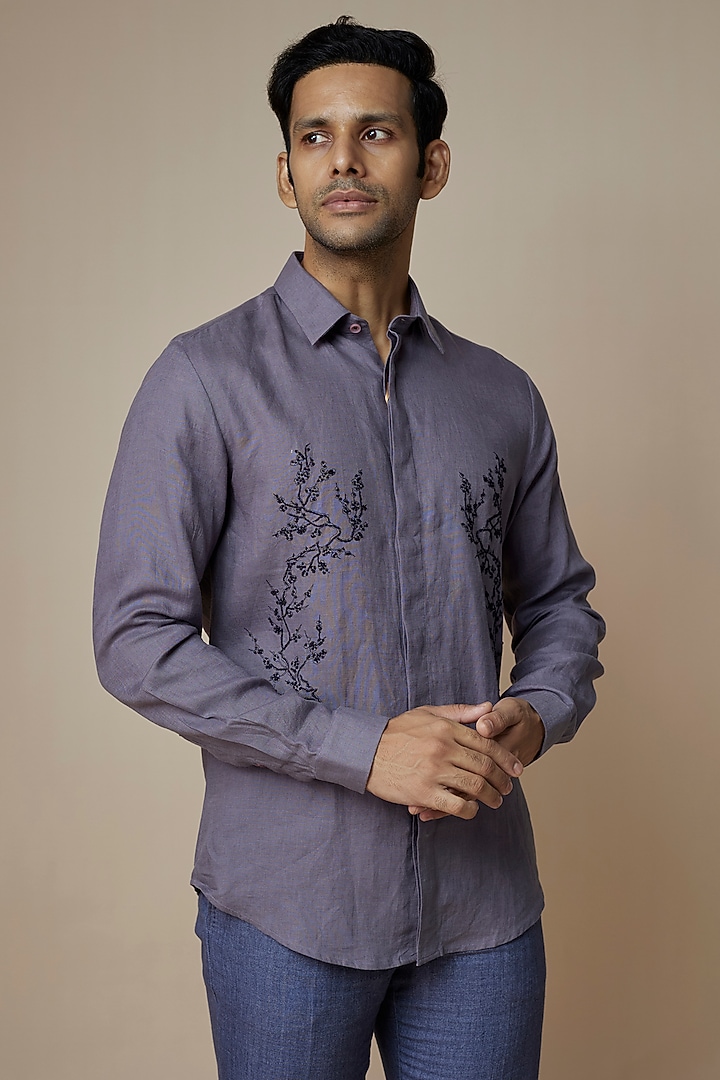 Grey Pure Linen Embroidered Party Wear Shirt by ASUKA at Pernia's Pop Up Shop