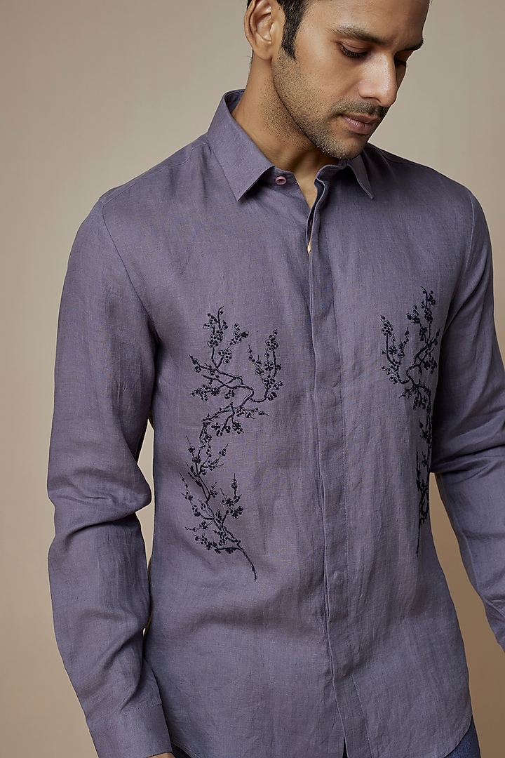 Grey Pure Linen Embroidered Party Wear Shirt by ASUKA at Pernia's Pop Up Shop