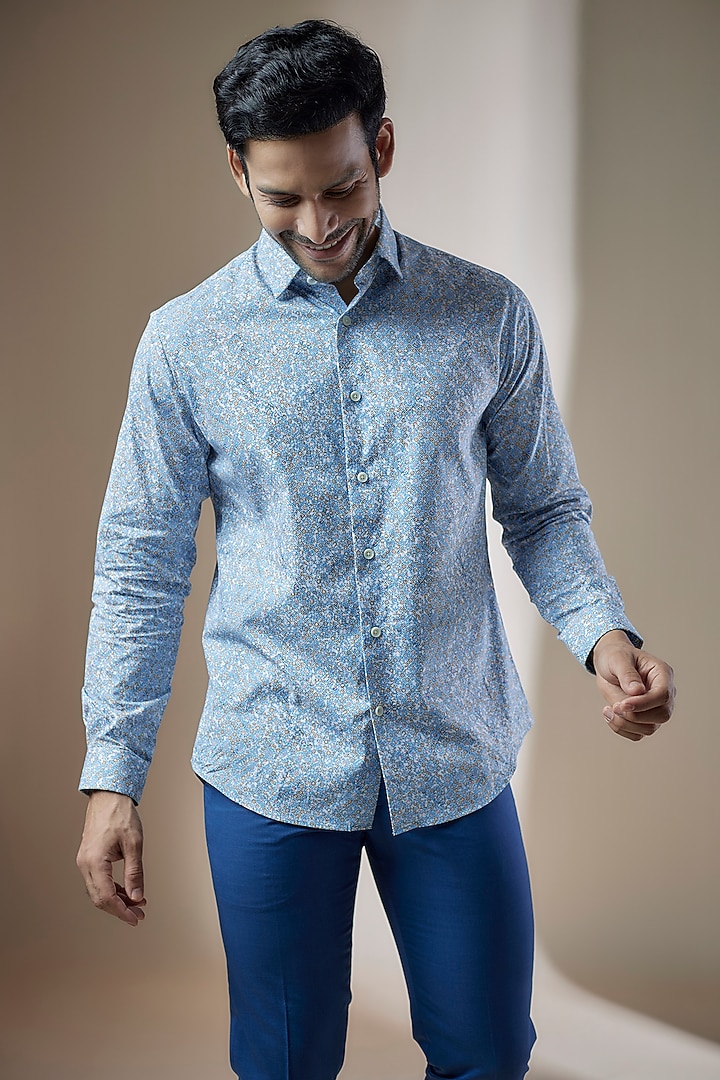 Sky Blue Cotton Printed Party Wear Shirt by ASUKA at Pernia's Pop Up Shop