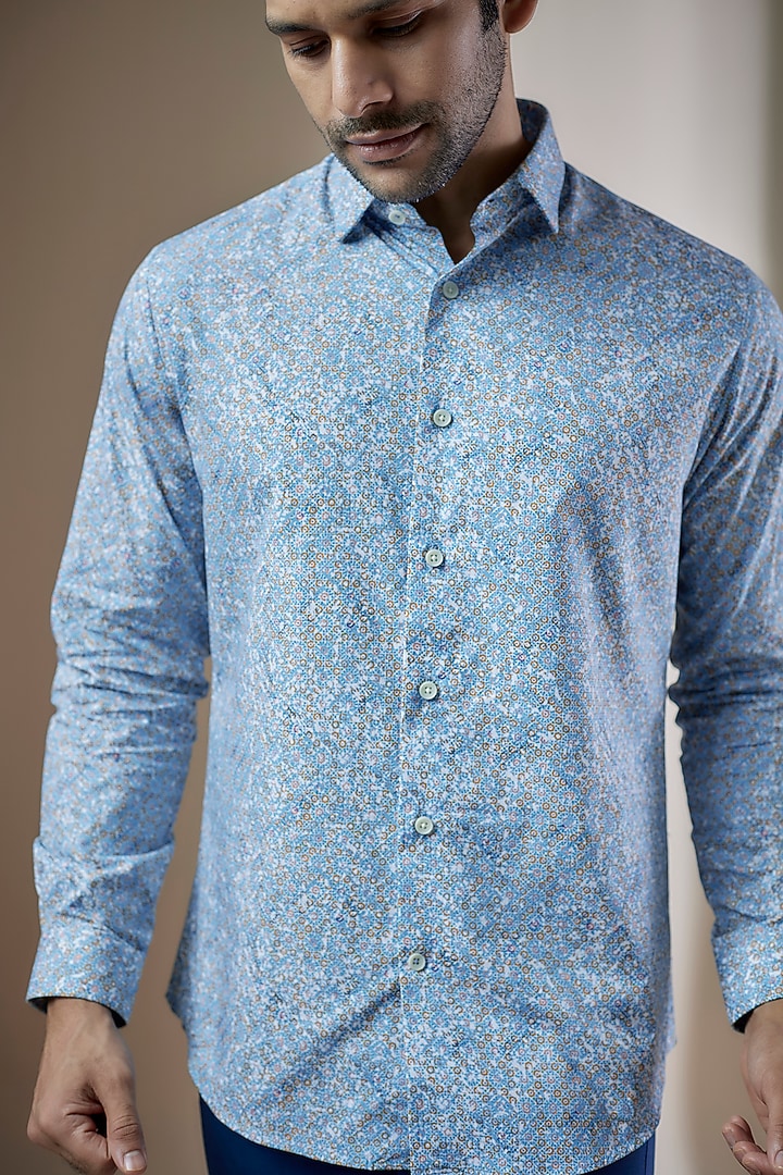 Sky Blue Cotton Printed Party Wear Shirt by ASUKA at Pernia's Pop Up Shop