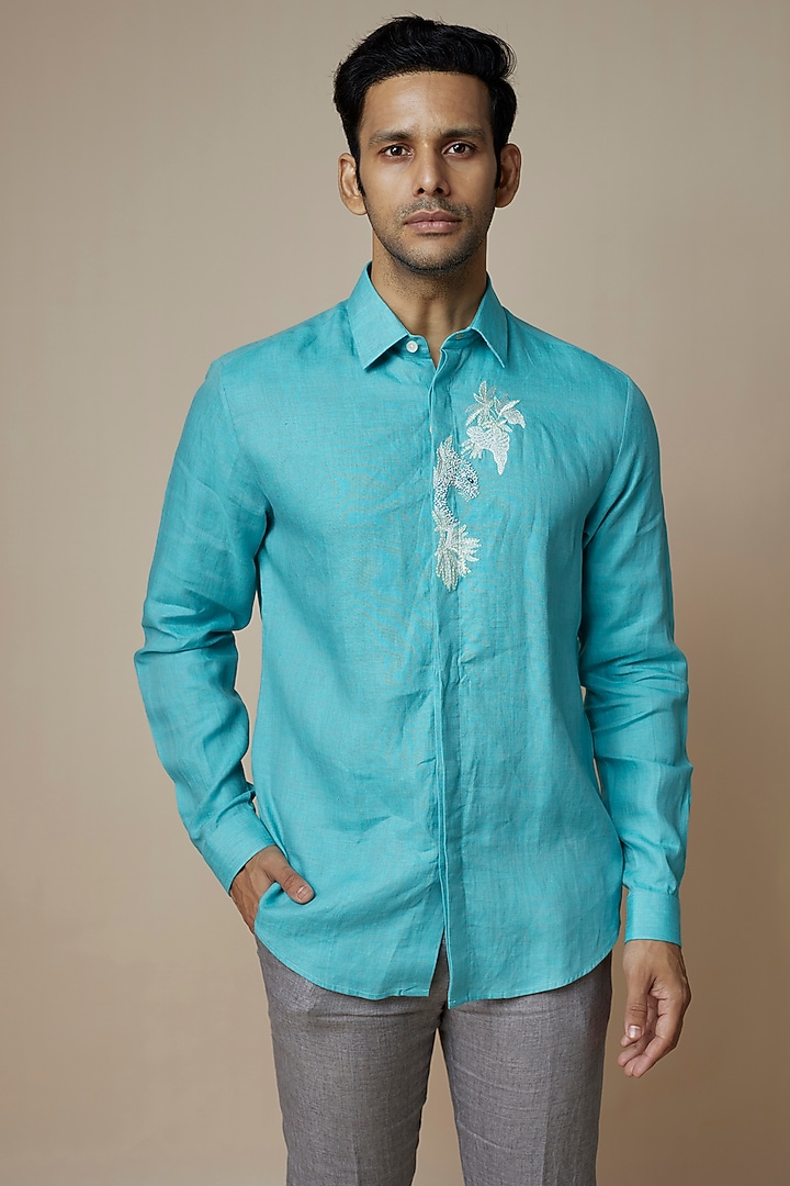 Teal Pure Embroidered Party Wear Shirt by ASUKA at Pernia's Pop Up Shop