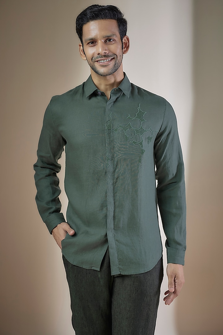 Green Pure Linen Embroidered Shirt by ASUKA