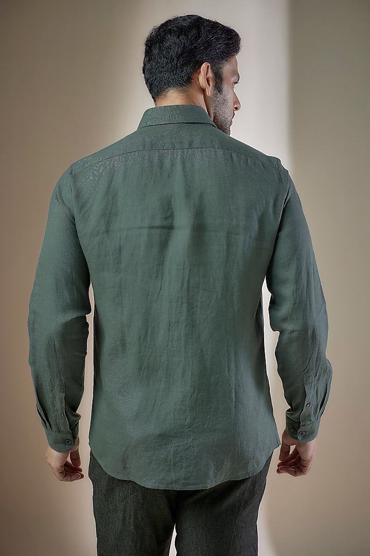 Green Pure Linen Embroidered Party Wear Shirt by ASUKA at Pernia's Pop Up Shop