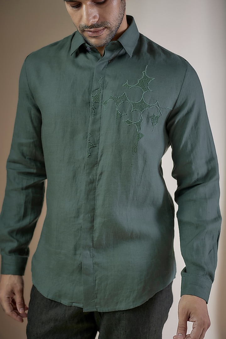 Green Pure Linen Embroidered Party Wear Shirt by ASUKA at Pernia's Pop Up Shop