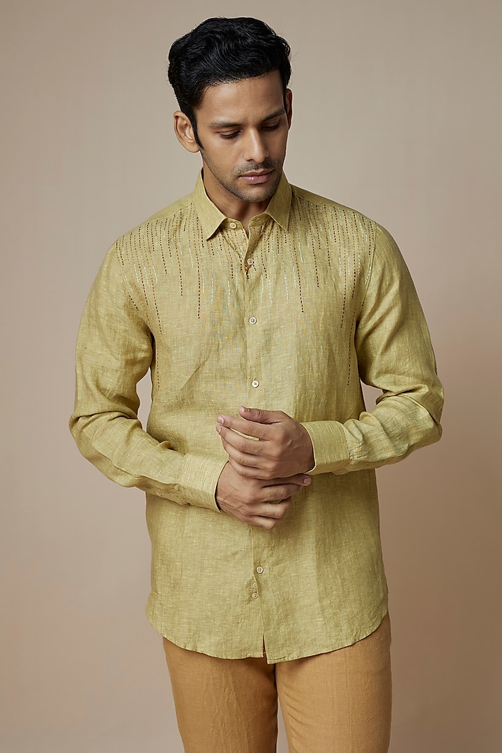 Olive Green Pure Linen Embroidered Shirt by ASUKA