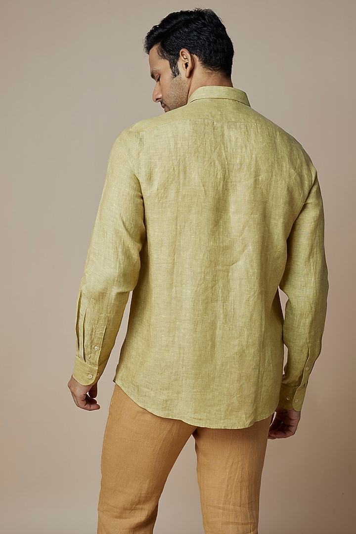 Olive Green Pure Linen Embroidered Party Wear Shirt by ASUKA at Pernia's Pop Up Shop