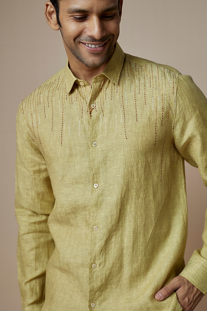 Olive Green Pure Linen Embroidered Party Wear Shirt by ASUKA at Pernia's Pop Up Shop
