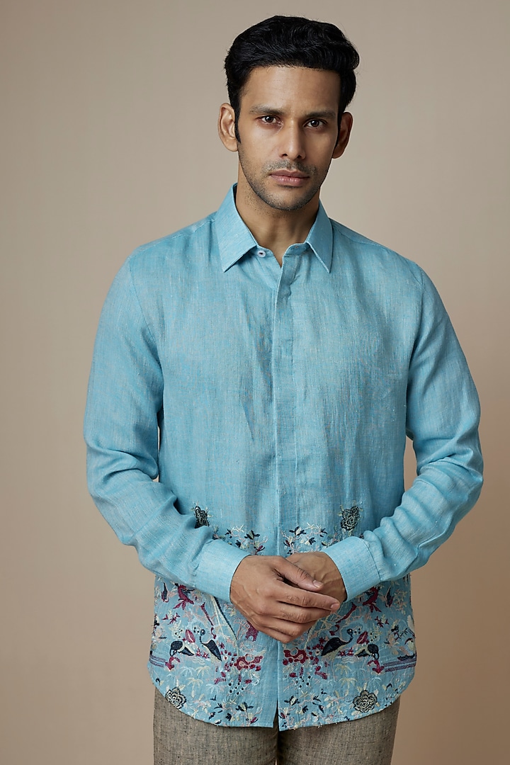 Sky Blue Pure Linen Embroidered Shirt by ASUKA