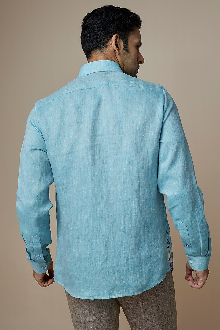 Sky Blue Pure Linen Embroidered Party Wear Shirt by ASUKA at Pernia's Pop Up Shop