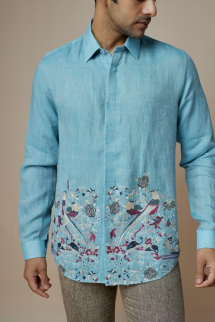 Sky Blue Pure Linen Embroidered Party Wear Shirt by ASUKA at Pernia's Pop Up Shop