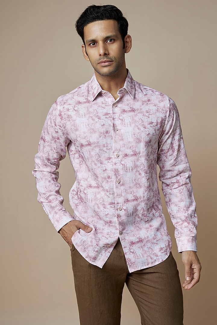 Light Pink Pure LInen Printed Shirt by ASUKA