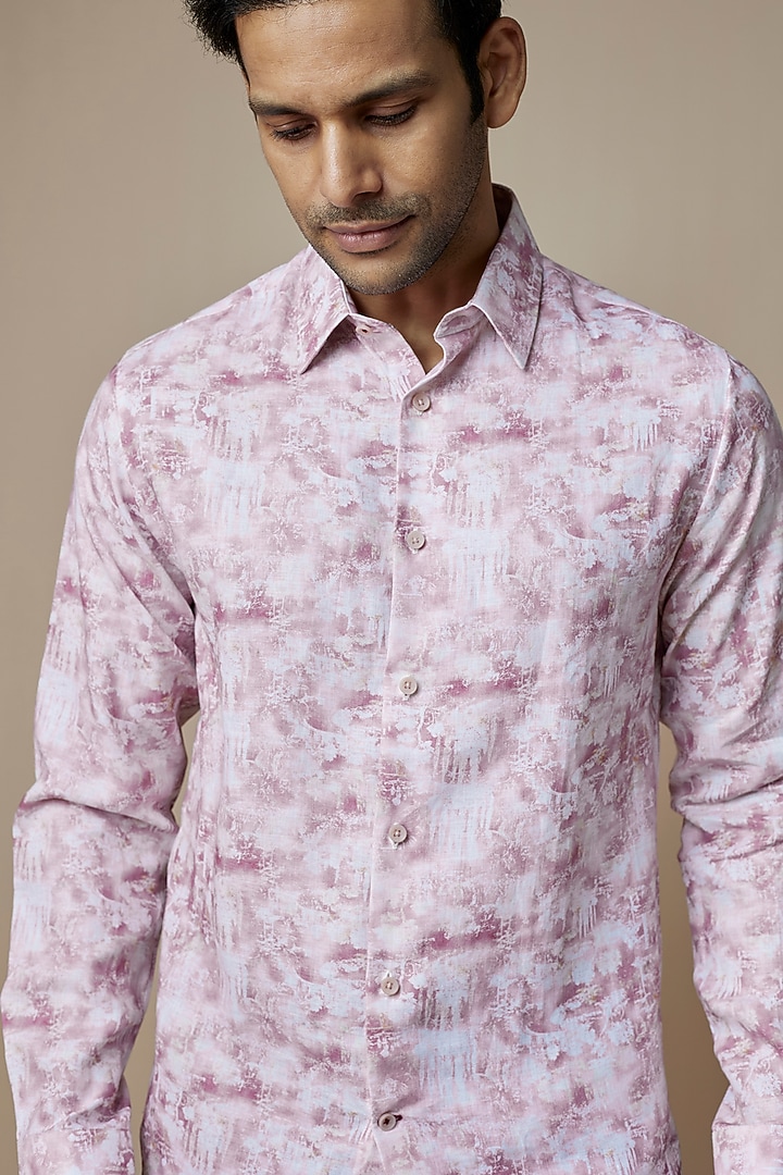Light Pink Pure LInen Printed Party Wear Shirt by ASUKA at Pernia's Pop Up Shop