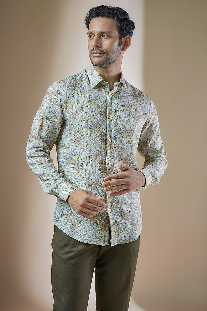 Green Pure Linen Printed Party Wear Shirt by ASUKA at Pernia's Pop Up Shop