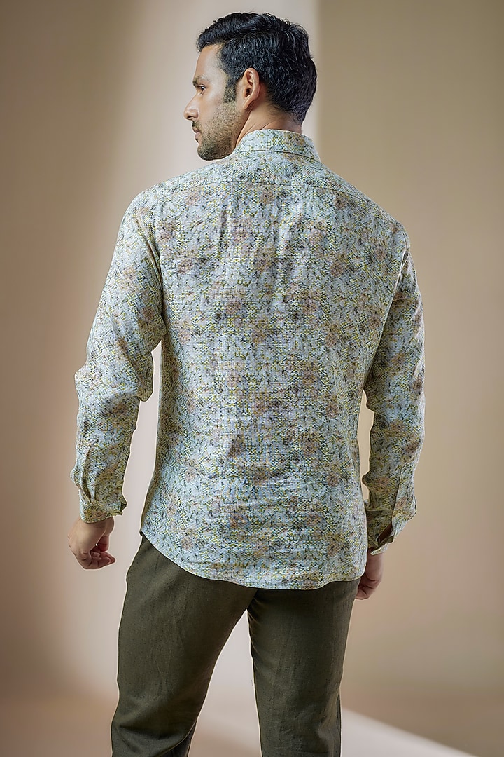 Green Pure Linen Printed Party Wear Shirt by ASUKA at Pernia's Pop Up Shop