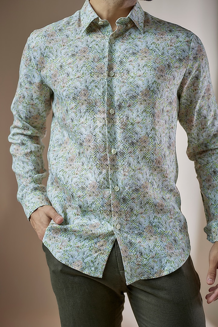Green Pure Linen Printed Party Wear Shirt by ASUKA at Pernia's Pop Up Shop