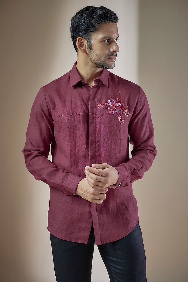 Maroon Pure Linen Printed Shirt by ASUKA