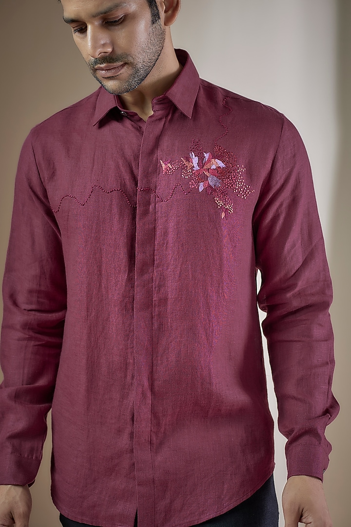 Maroon Pure Linen Printed Party Wear Shirt by ASUKA at Pernia's Pop Up Shop