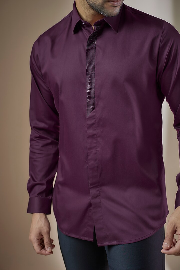 Wine Cotton Embroidered Party Wear Shirt by ASUKA at Pernia's Pop Up Shop