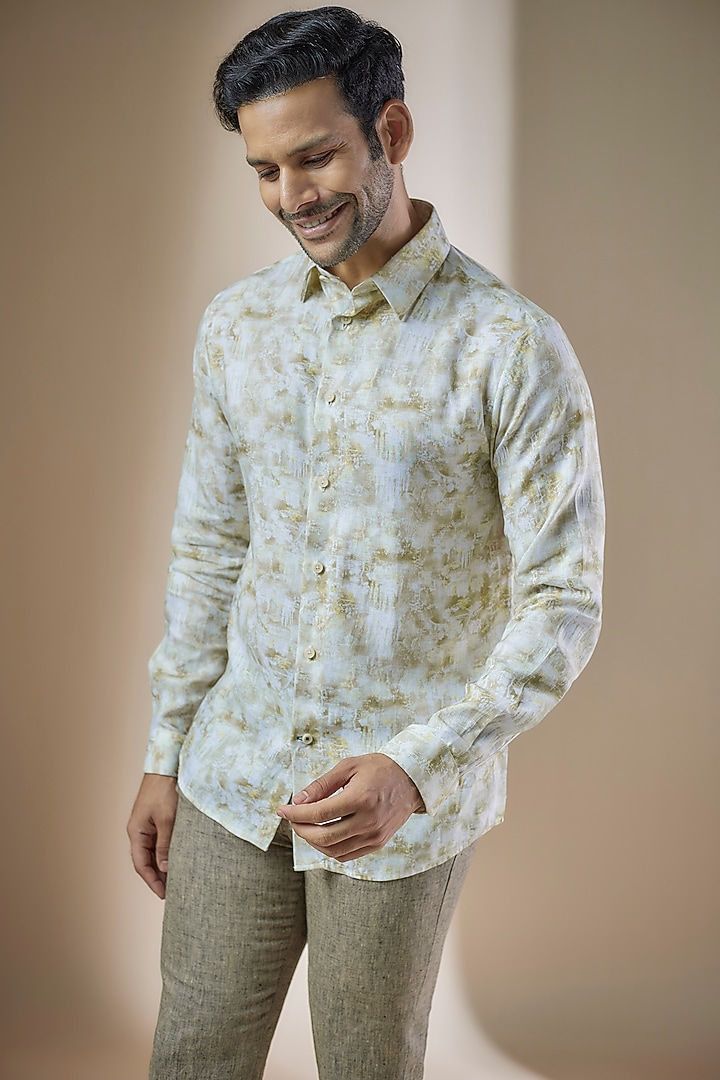 Green Pure Linen Printed Party Wear Shirt by ASUKA at Pernia's Pop Up Shop