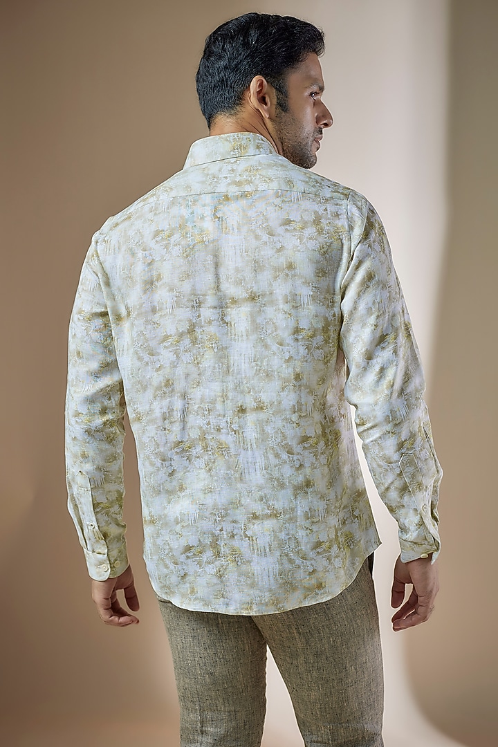 Green Pure Linen Printed Party Wear Shirt by ASUKA at Pernia's Pop Up Shop