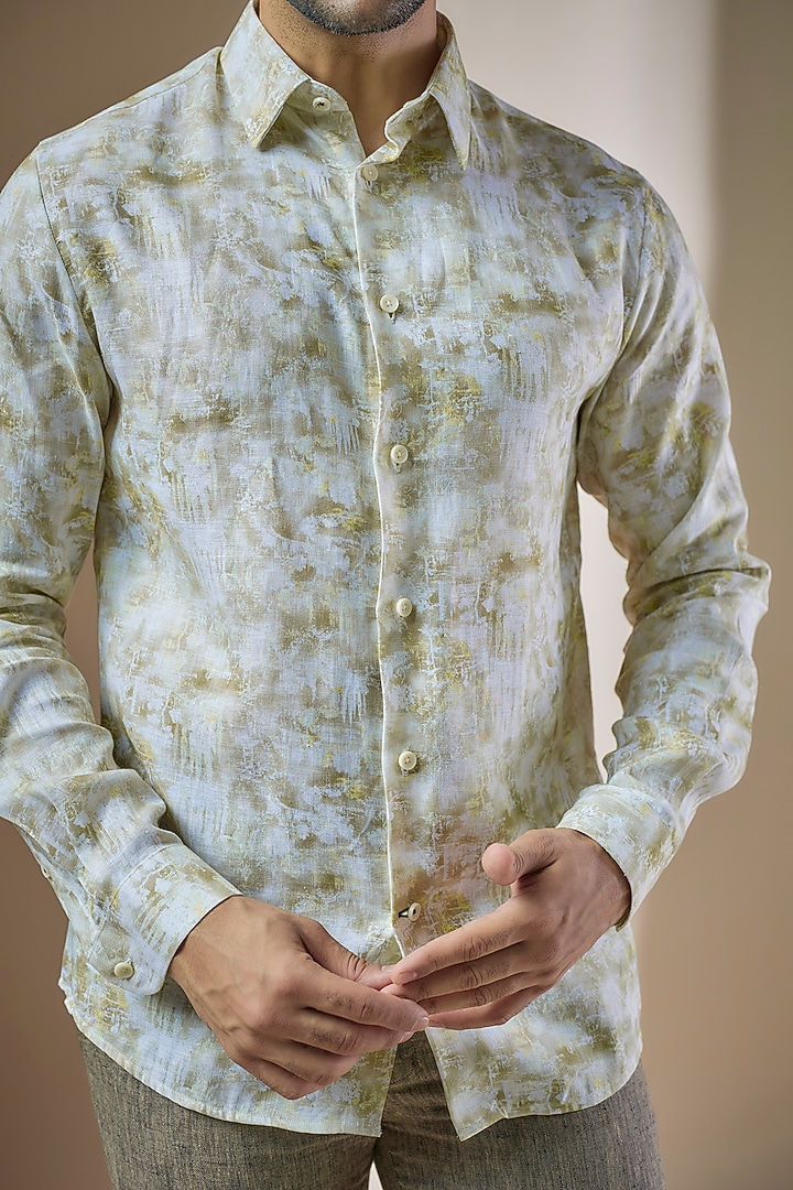 Green Pure Linen Printed Party Wear Shirt by ASUKA at Pernia's Pop Up Shop