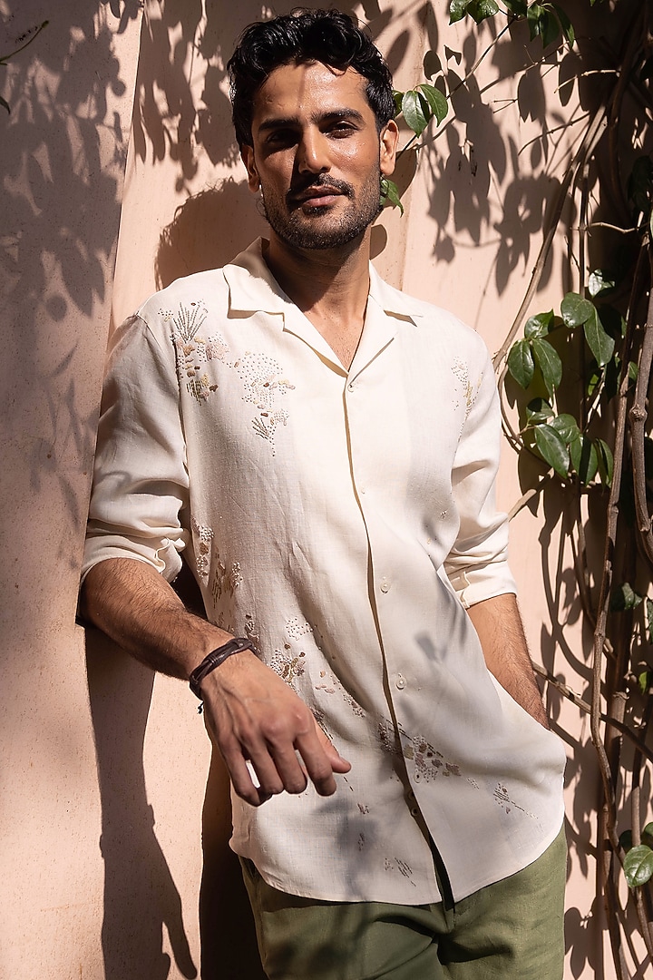 Cream Pure Linen Hand Embroidered Party Wear Shirt by ASUKA at Pernia's Pop Up Shop