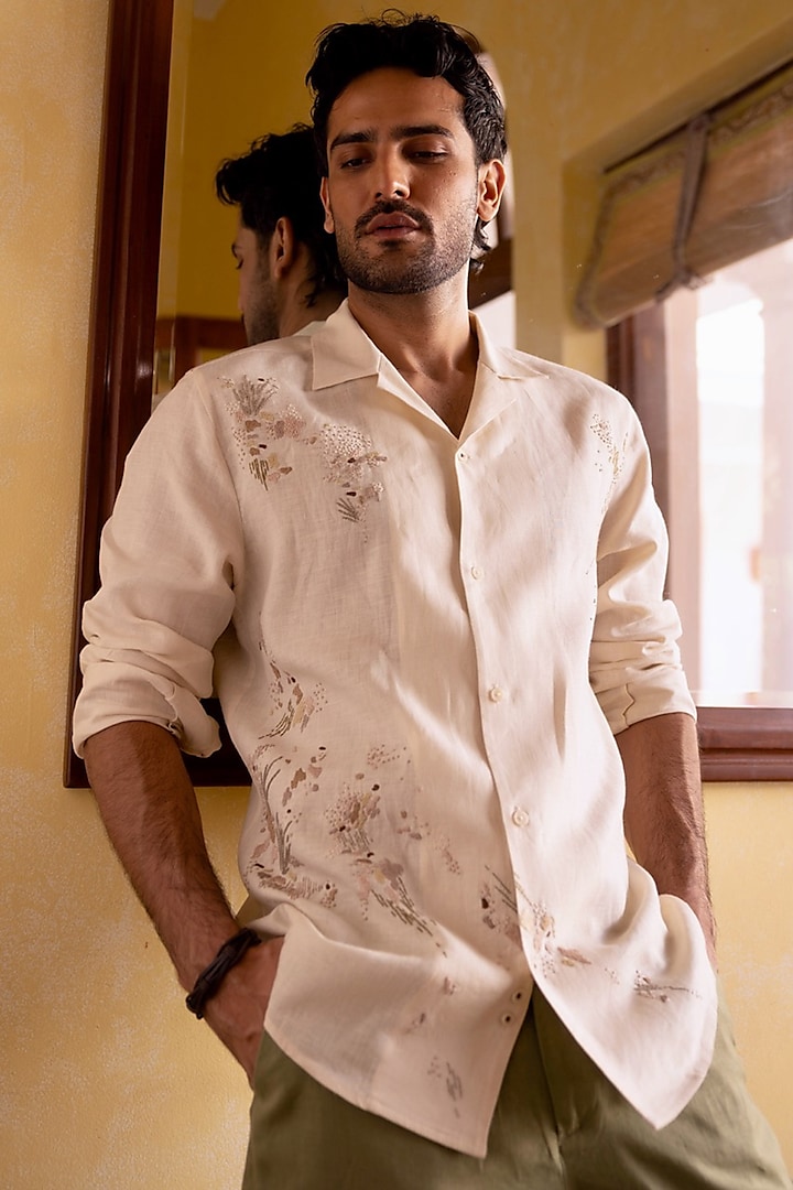 Cream Pure Linen Hand Embroidered Party Wear Shirt by ASUKA at Pernia's Pop Up Shop