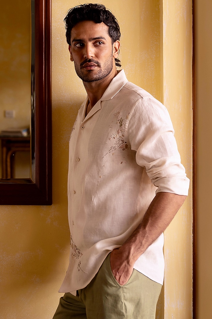 Cream Pure Linen Hand Embroidered Party Wear Shirt by ASUKA at Pernia's Pop Up Shop