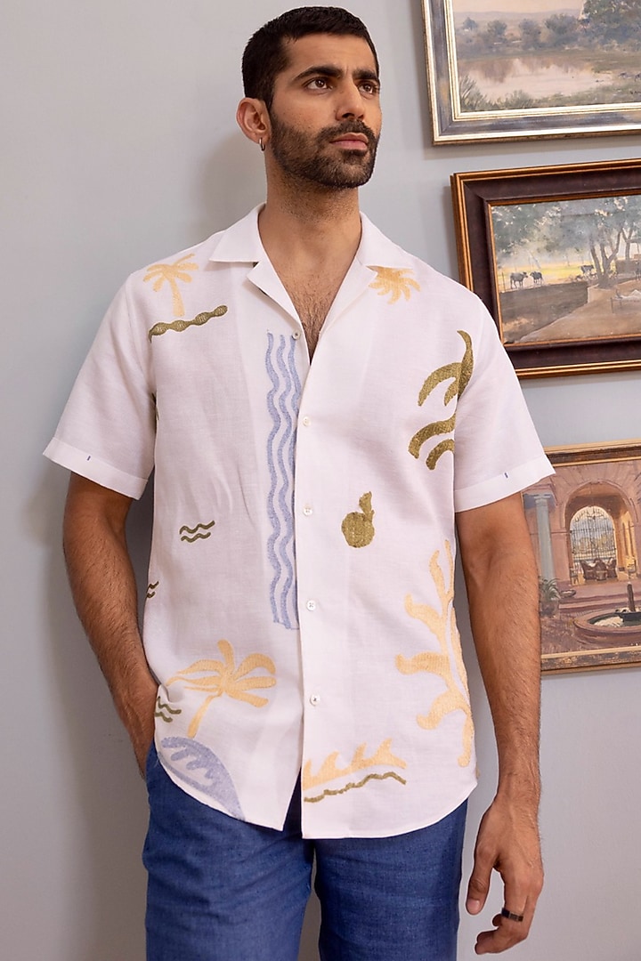White Jacquard Pure Linen Aari Embroidered Party Wear Shirt by ASUKA at Pernia's Pop Up Shop