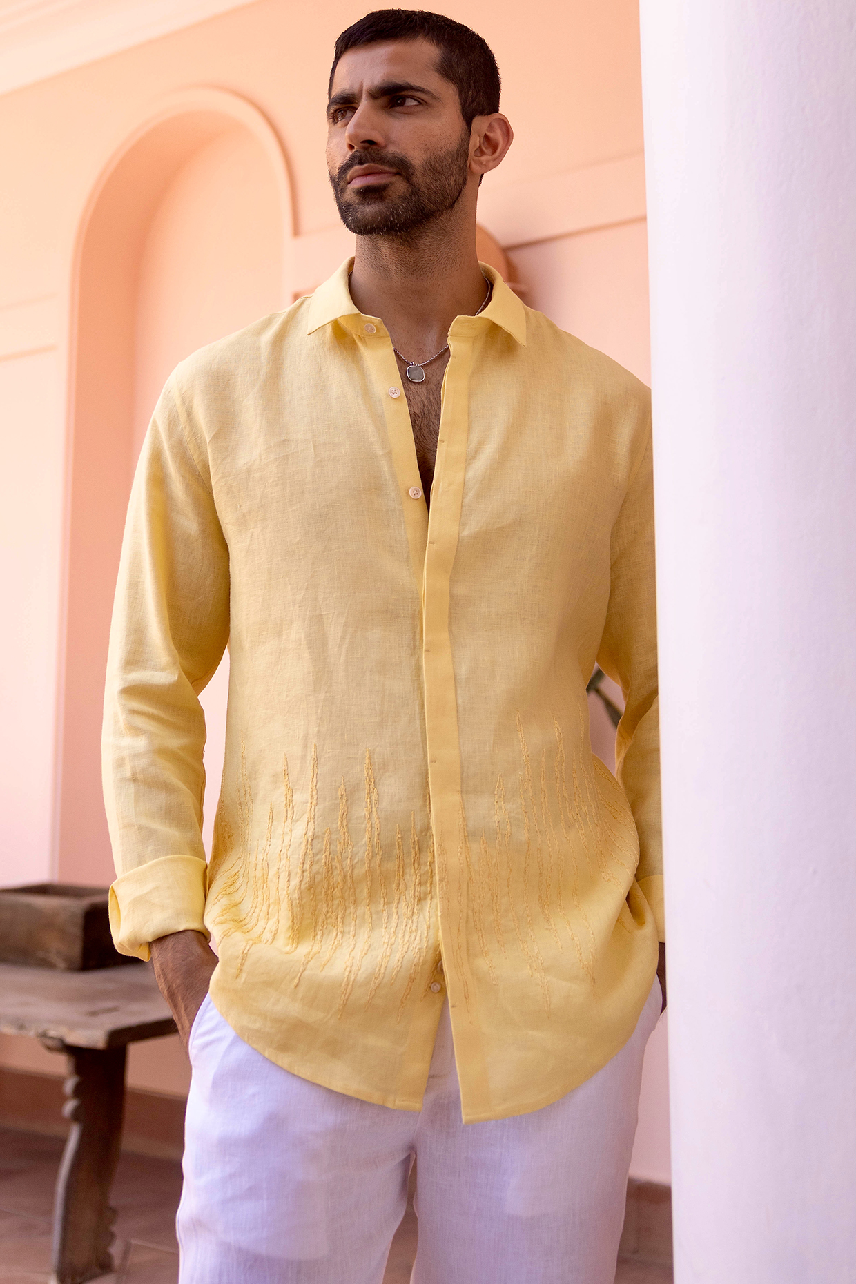 Pale Yellow Pure Linen Thread Embroidered Shirt by ASUKA