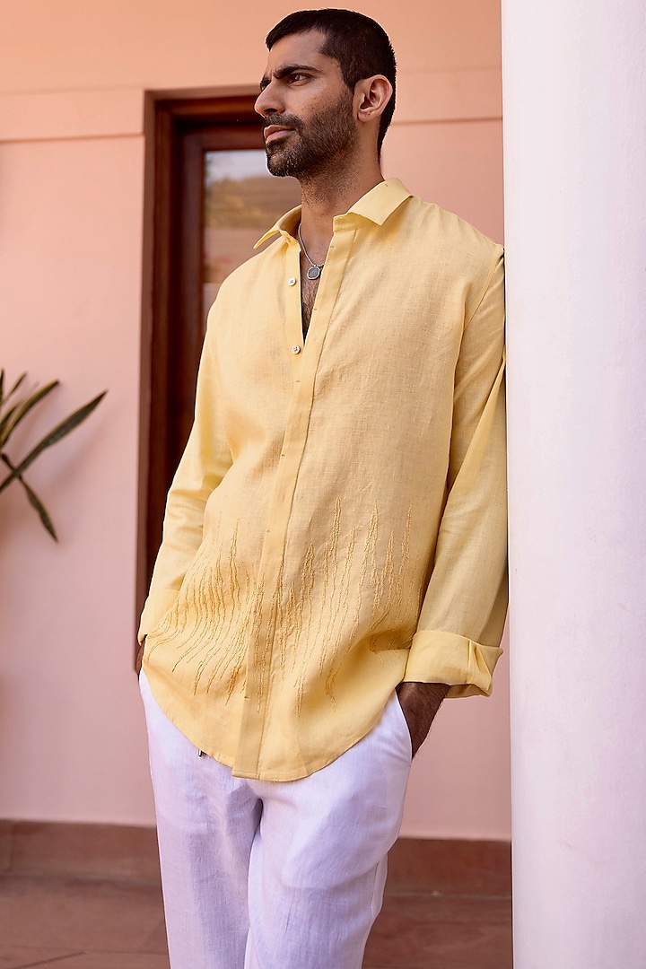 Pale Yellow Pure Linen Thread Embroidered Party Wear Shirt by ASUKA at Pernia's Pop Up Shop