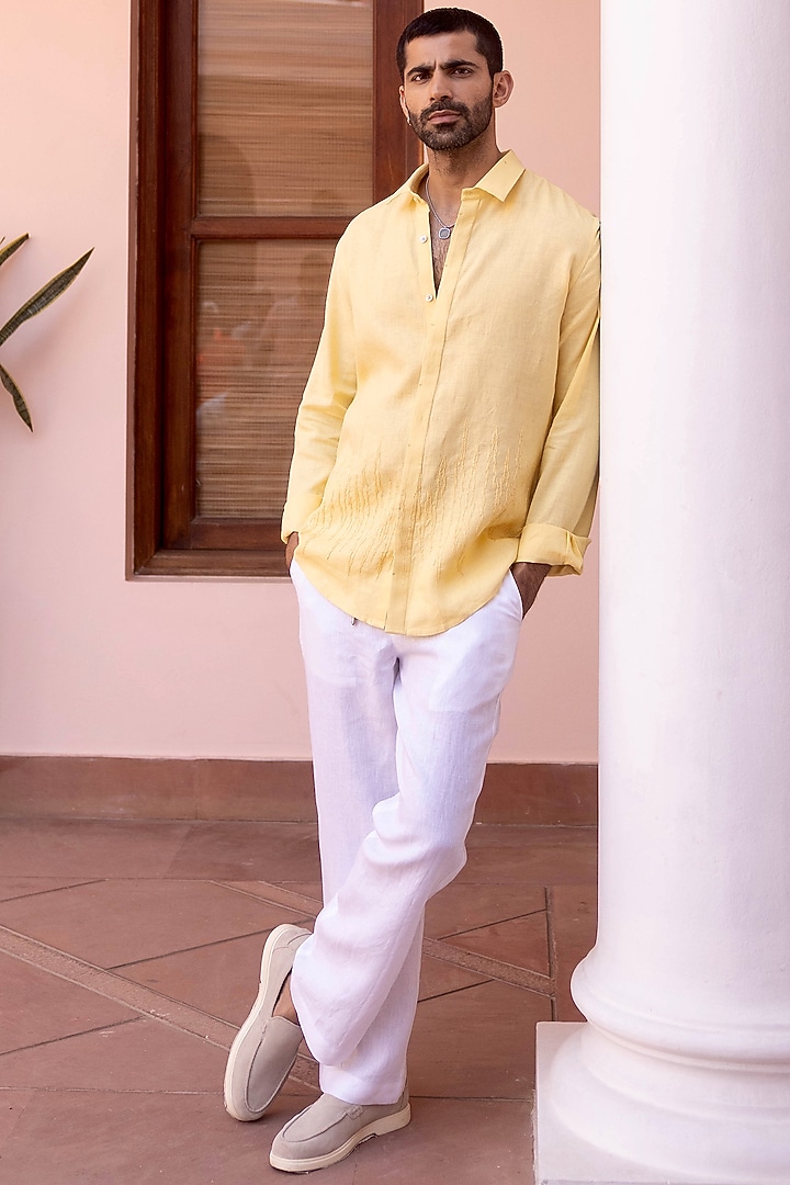 Pale Yellow Pure Linen Thread Embroidered Party Wear Shirt by ASUKA at Pernia's Pop Up Shop