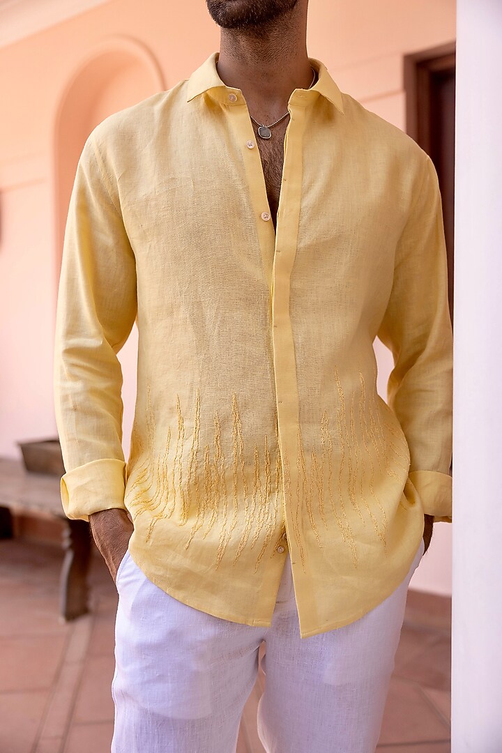 Pale Yellow Pure Linen Thread Embroidered Party Wear Shirt by ASUKA at Pernia's Pop Up Shop