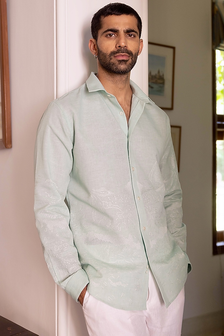 Ice Blue Pure Linen Embroidered Party Wear Shirt by ASUKA at Pernia's Pop Up Shop