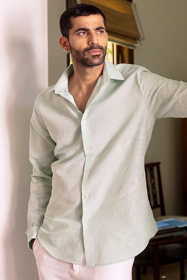 Ice Blue Pure Linen Embroidered Party Wear Shirt by ASUKA at Pernia's Pop Up Shop