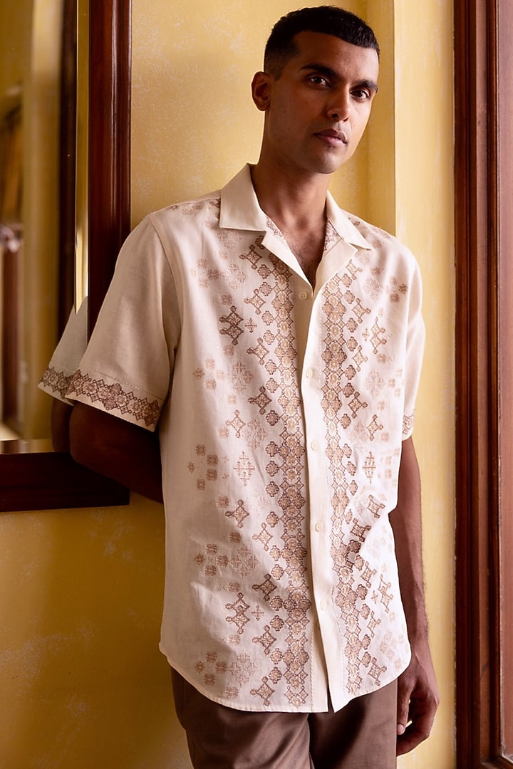 Cream Pure Linen Motifs Embroidered Party Wear Shirt by ASUKA at Pernia's Pop Up Shop