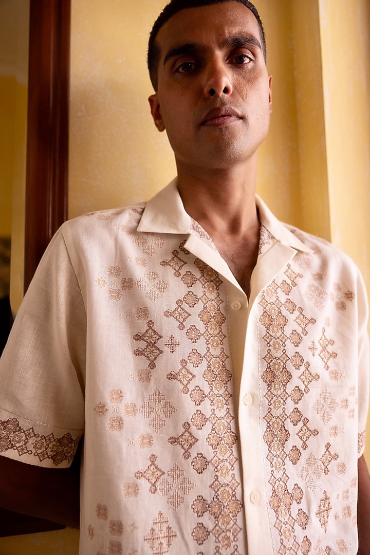 Cream Pure Linen Motifs Embroidered Party Wear Shirt by ASUKA at Pernia's Pop Up Shop