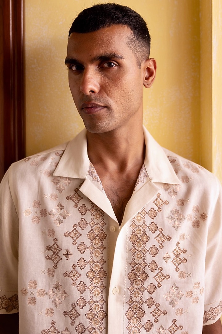 Cream Pure Linen Motifs Embroidered Party Wear Shirt by ASUKA at Pernia's Pop Up Shop